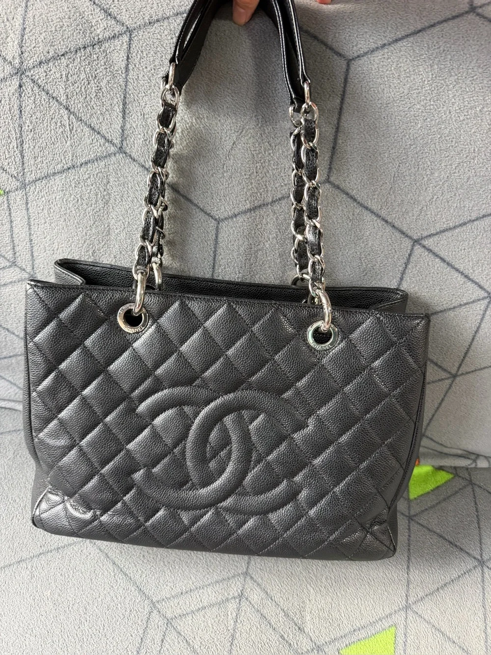 CHANEL Black Quilted Caviar Leather Shoulder Bag with Silver Chain Straps/ GST